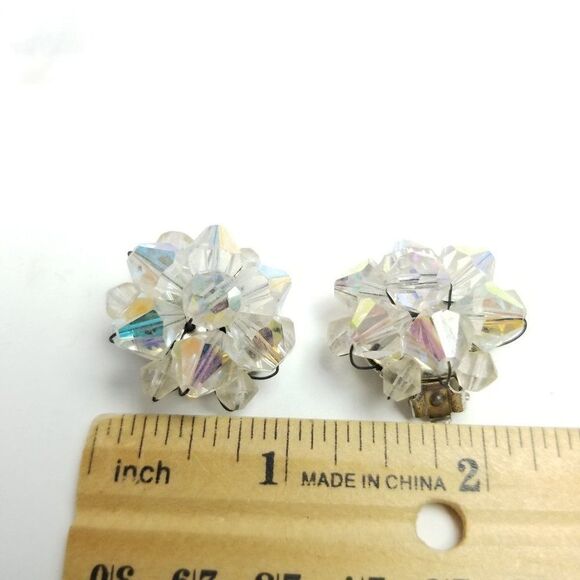 Vintage Sparkly Clear AB Beaded Cluster Clip On Earrings, Retro 60s Style - Picture 3 of 6